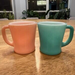 2 FIRE KING TURQUOISE BLUE & PINK D HANDLE MUGS ANCHOR HOCKING RARE